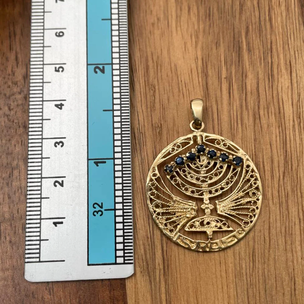 14k Gold Round Menorah Pendant Reversible Ruby and Sapphire - Image 5