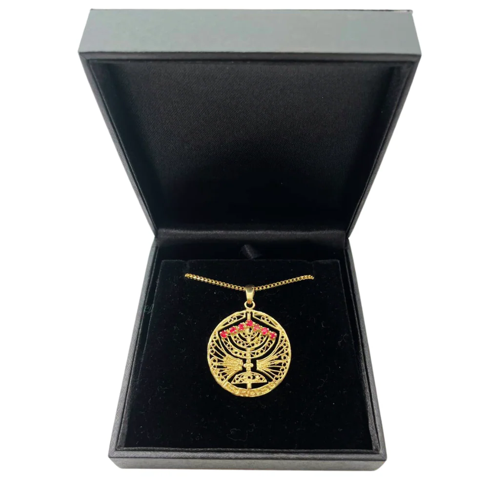 14k Gold Round Menorah Pendant Reversible Ruby and Sapphire - Image 8