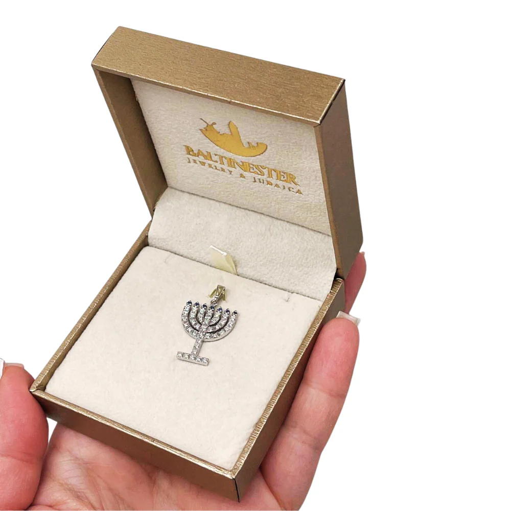 14k White Gold Diamond Sapphire Menorah Pendant - Image 3