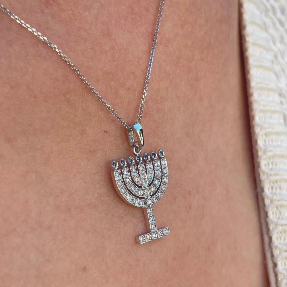 14k White Gold Diamond Sapphire Menorah Pendant - Image 7