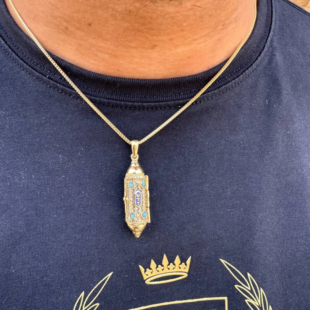 Mezuzah Scroll Pendant 14k Gold Filigree & Enamel - Image 3