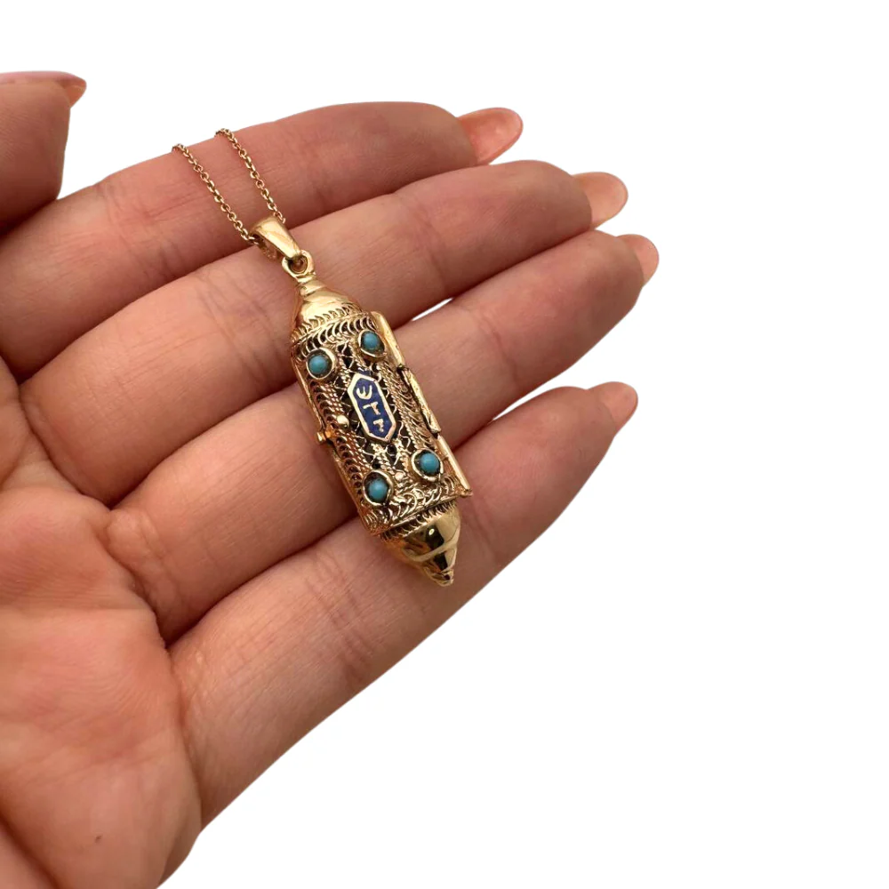 Mezuzah Scroll Pendant 14k Gold Filigree & Enamel - Image 7