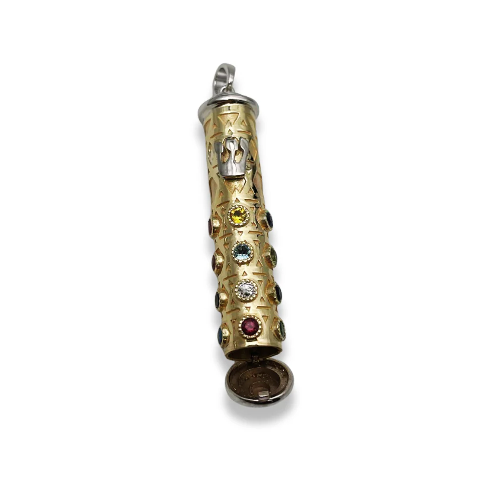 Mezuzah Pendant in 14K Two Tone Gold with Hoshen Stones - Talisman - Image 3