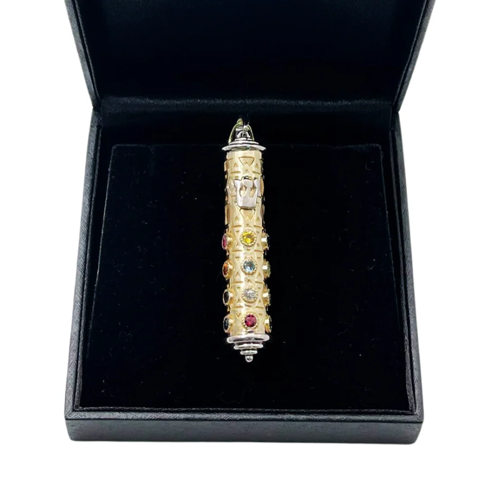 Mezuzah Pendant in 14K Two Tone Gold with Hoshen Stones - Talisman - Image 5