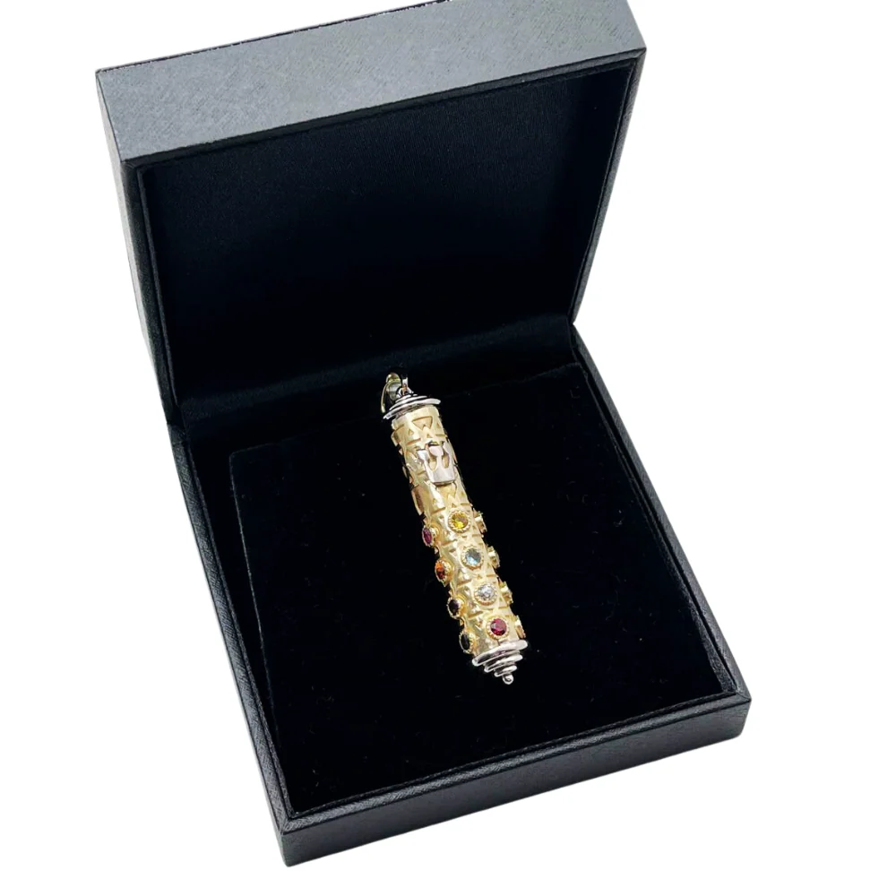 Mezuzah Pendant in 14K Two Tone Gold with Hoshen Stones - Talisman - Image 6