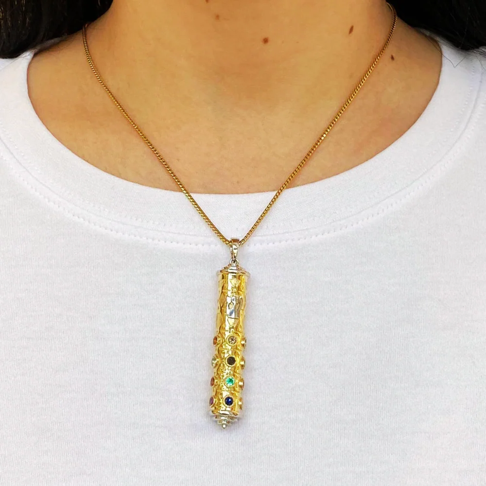 Mezuzah Pendant in 14K Two Tone Gold with Hoshen Stones - Talisman - Image 7