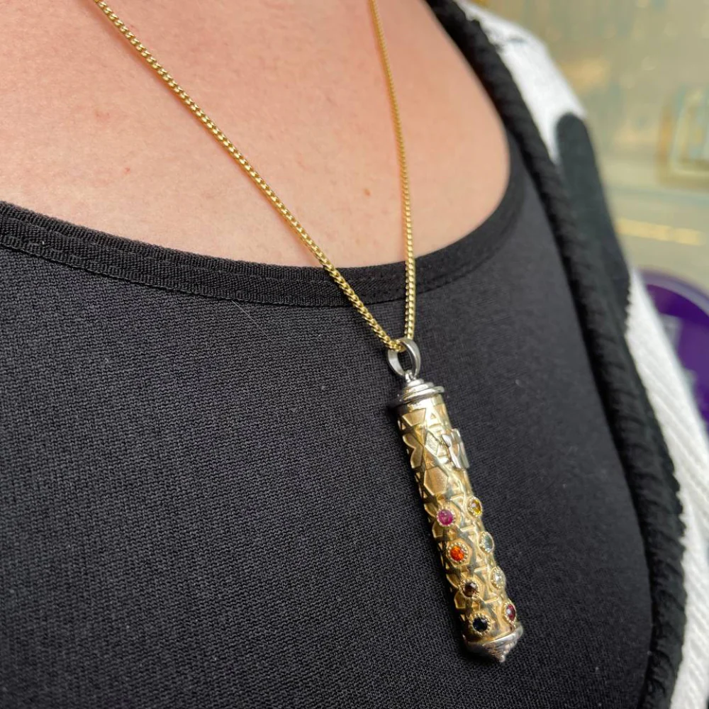 Mezuzah Pendant in 14K Two Tone Gold with Hoshen Stones - Talisman - Image 8