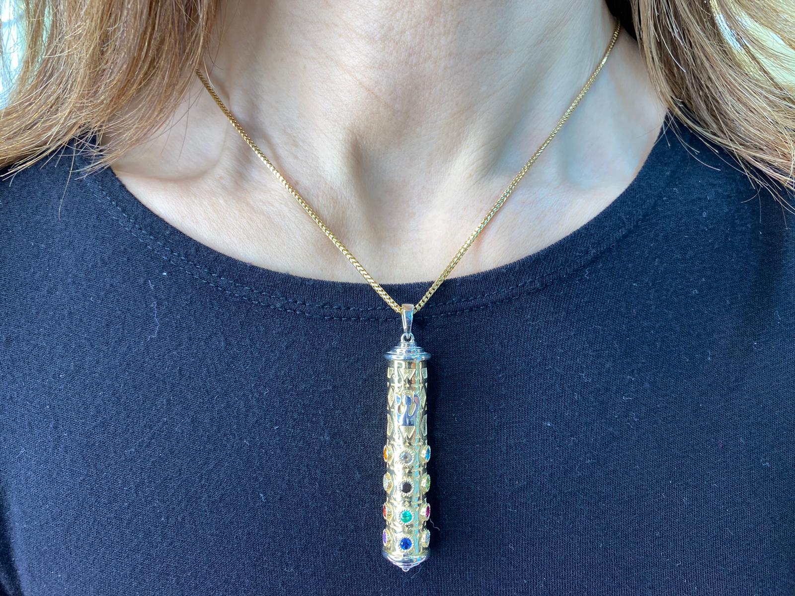Mezuzah Pendant in 14K Two Tone Gold with Hoshen Stones - Talisman - Image 9