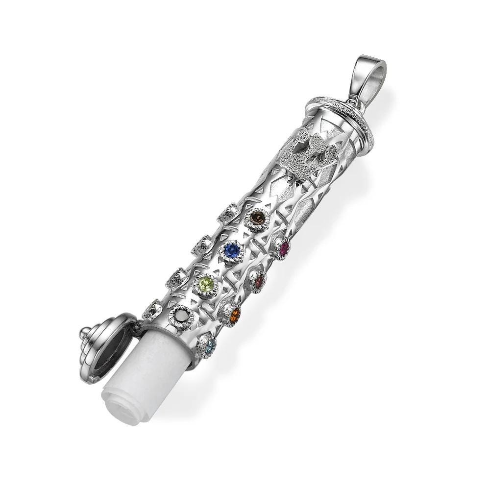 3D Mezuzah Amulet Colored Stones 14k Gold Pendant - Image 2