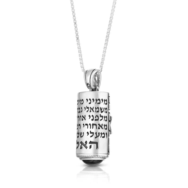 Sterling Silver Star of David Mezuzah Pendant Necklace with Garnet and Chrysoberyl Stones - Image 2