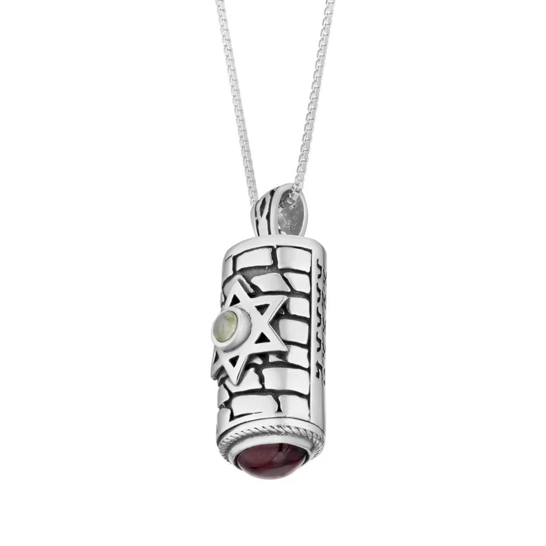 Sterling Silver Star of David Mezuzah Pendant Necklace with Garnet and Chrysoberyl Stones - Image 6