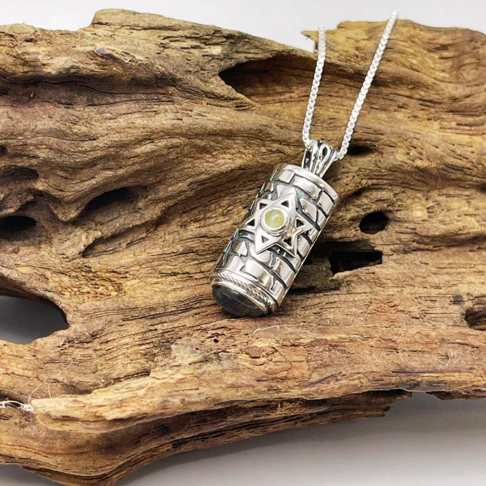 Sterling Silver Star of David Mezuzah Pendant Necklace with Garnet and Chrysoberyl Stones - Image 7