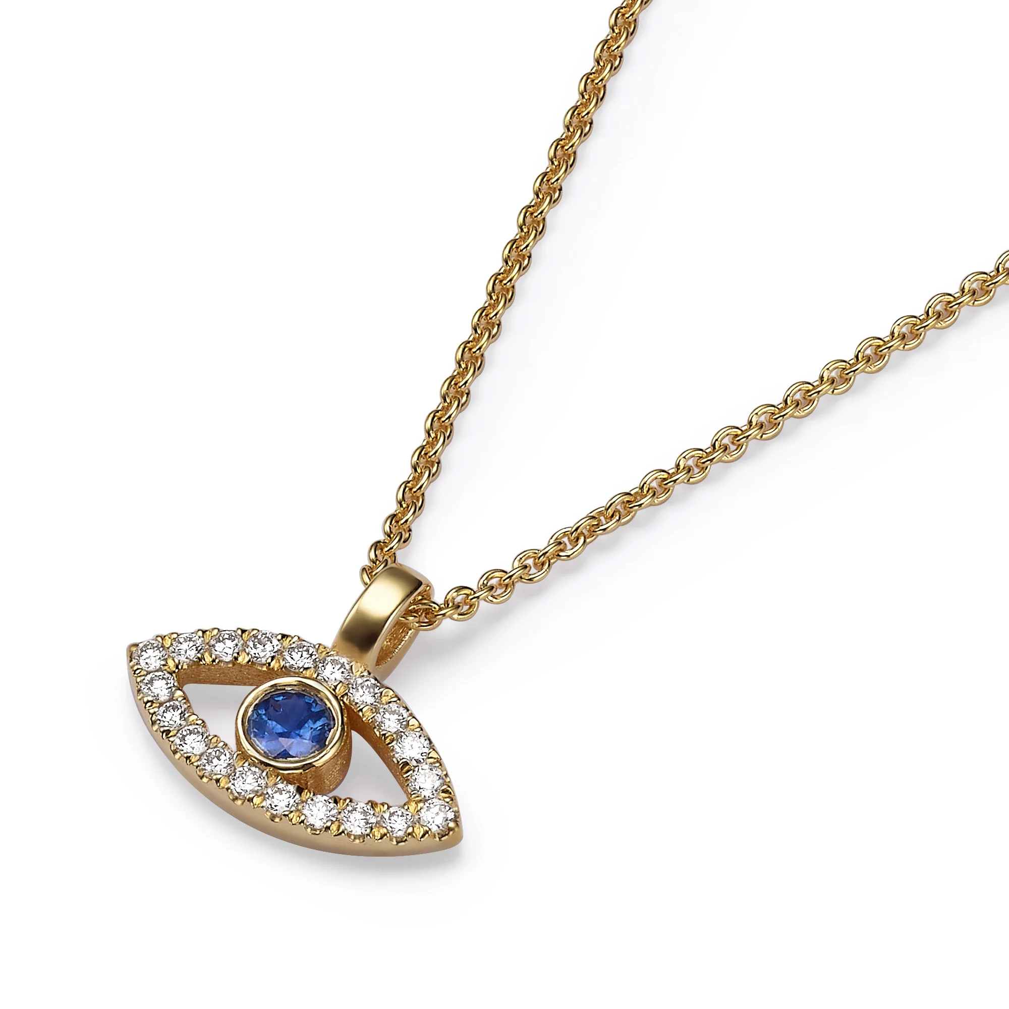 Evil Eye Pendant 18k Yellow Gold Diamond and Sapphire Chain Set - Image 2