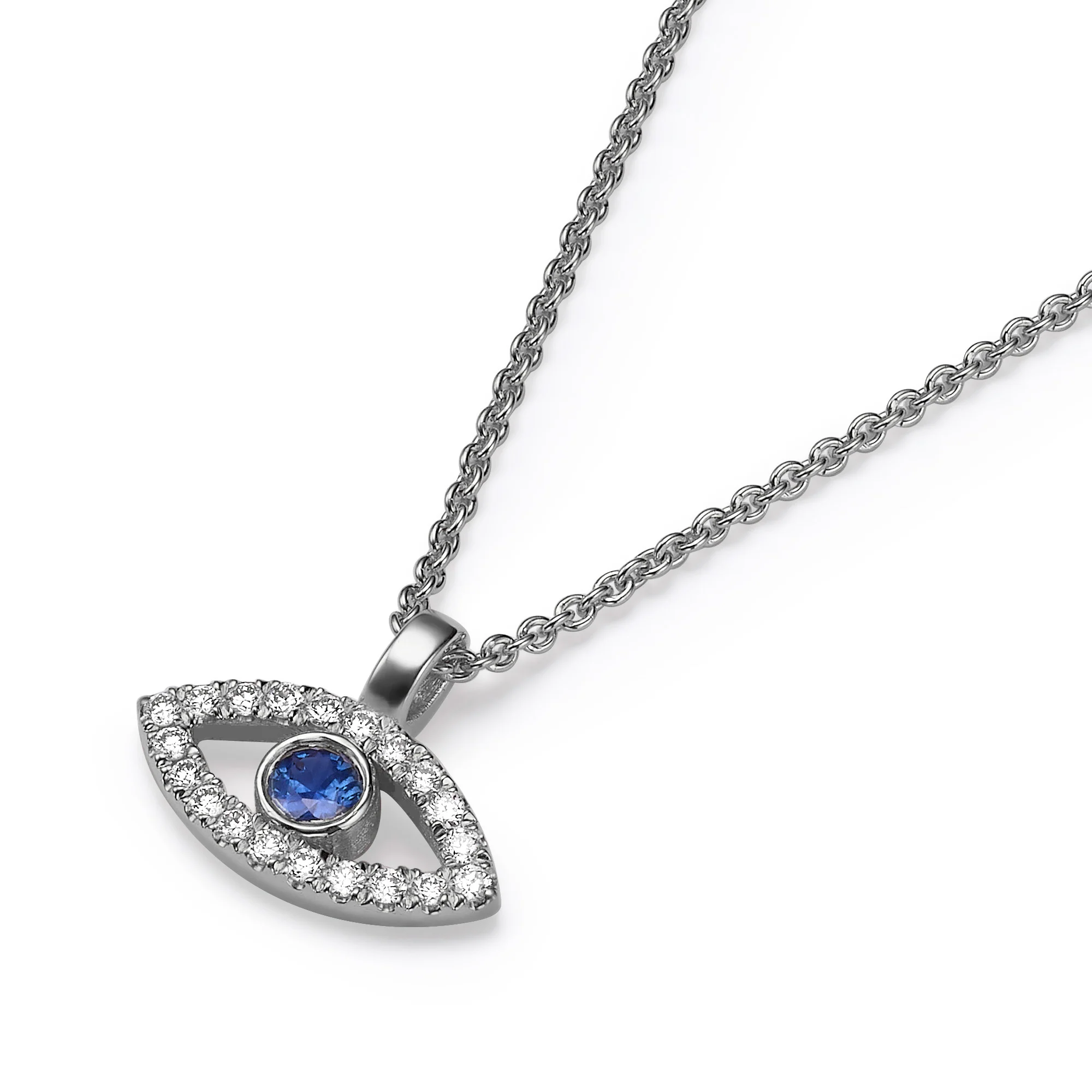 Evil Eye Pendant Chain Set | 18k White Gold | Diamond and Sapphire - Image 2