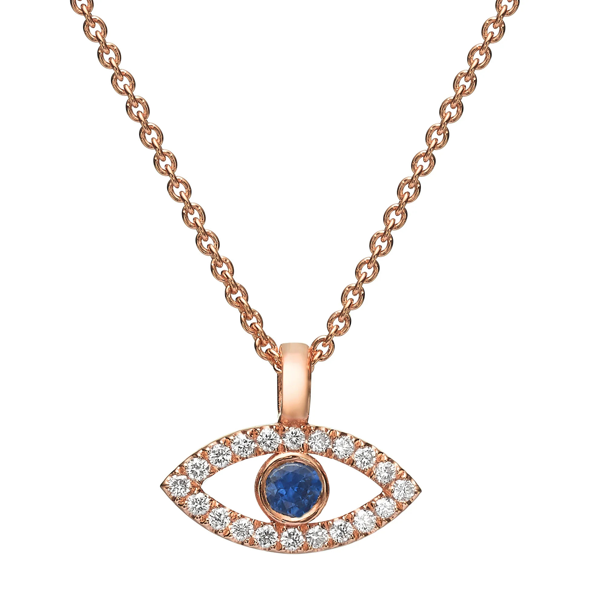 Evil Eye Necklace18k Rose Gold Evil Eye Diamond and Sapphire Pendant Chain Set