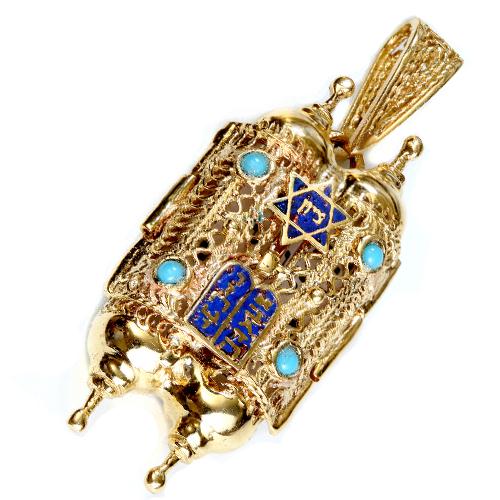 Turquoise 14k Gold Filigree Torah Pendant