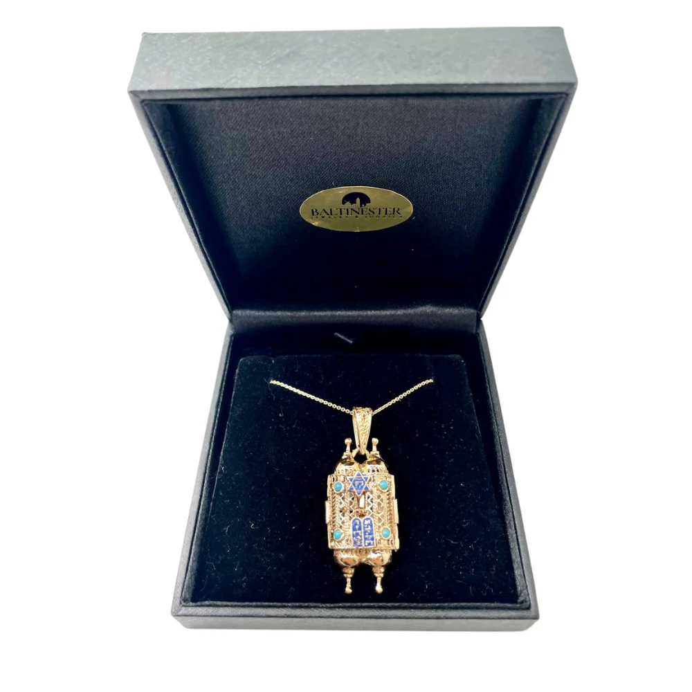Turquoise 14k Gold Filigree Torah Pendant - Image 3