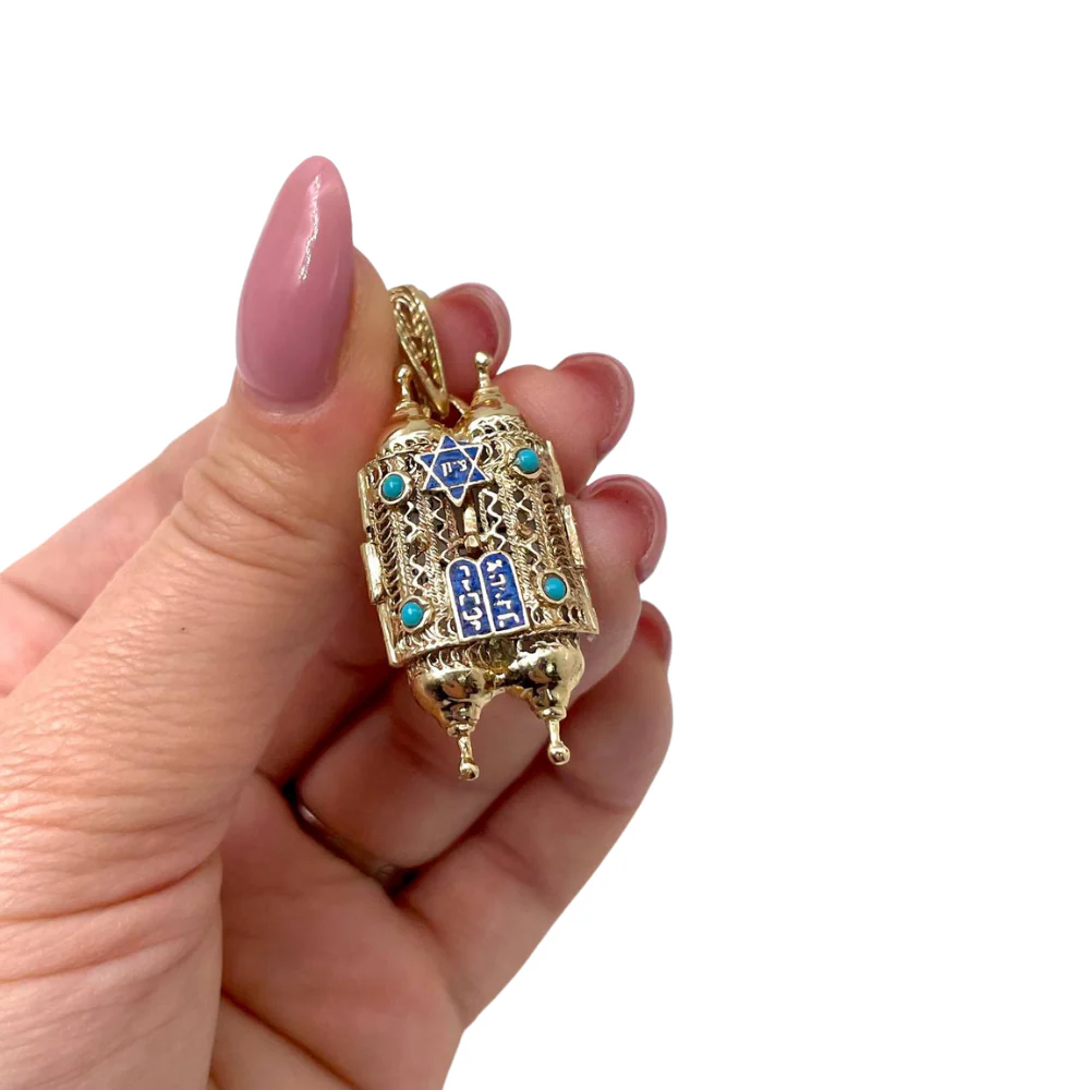 Turquoise 14k Gold Filigree Torah Pendant - Image 5