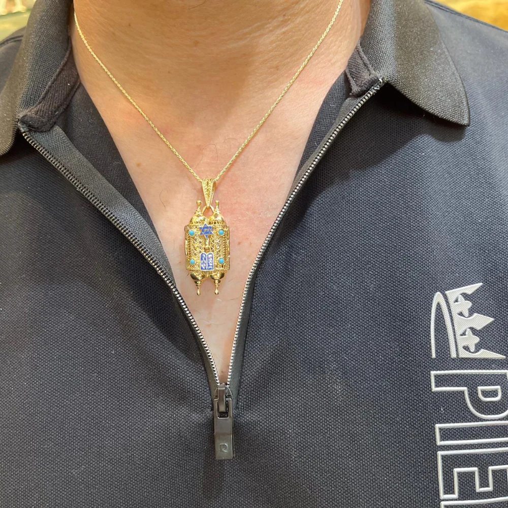 Turquoise 14k Gold Filigree Torah Pendant - Image 6