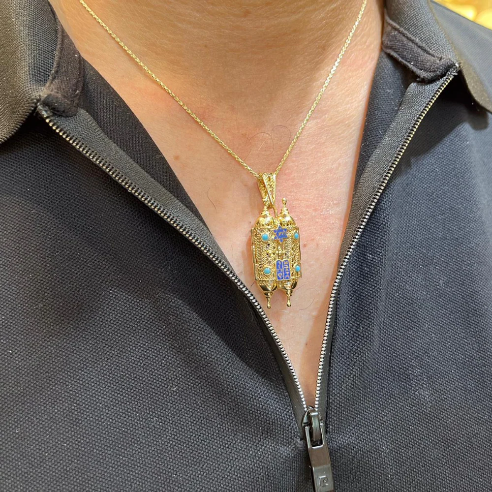 Turquoise 14k Gold Filigree Torah Pendant - Image 7