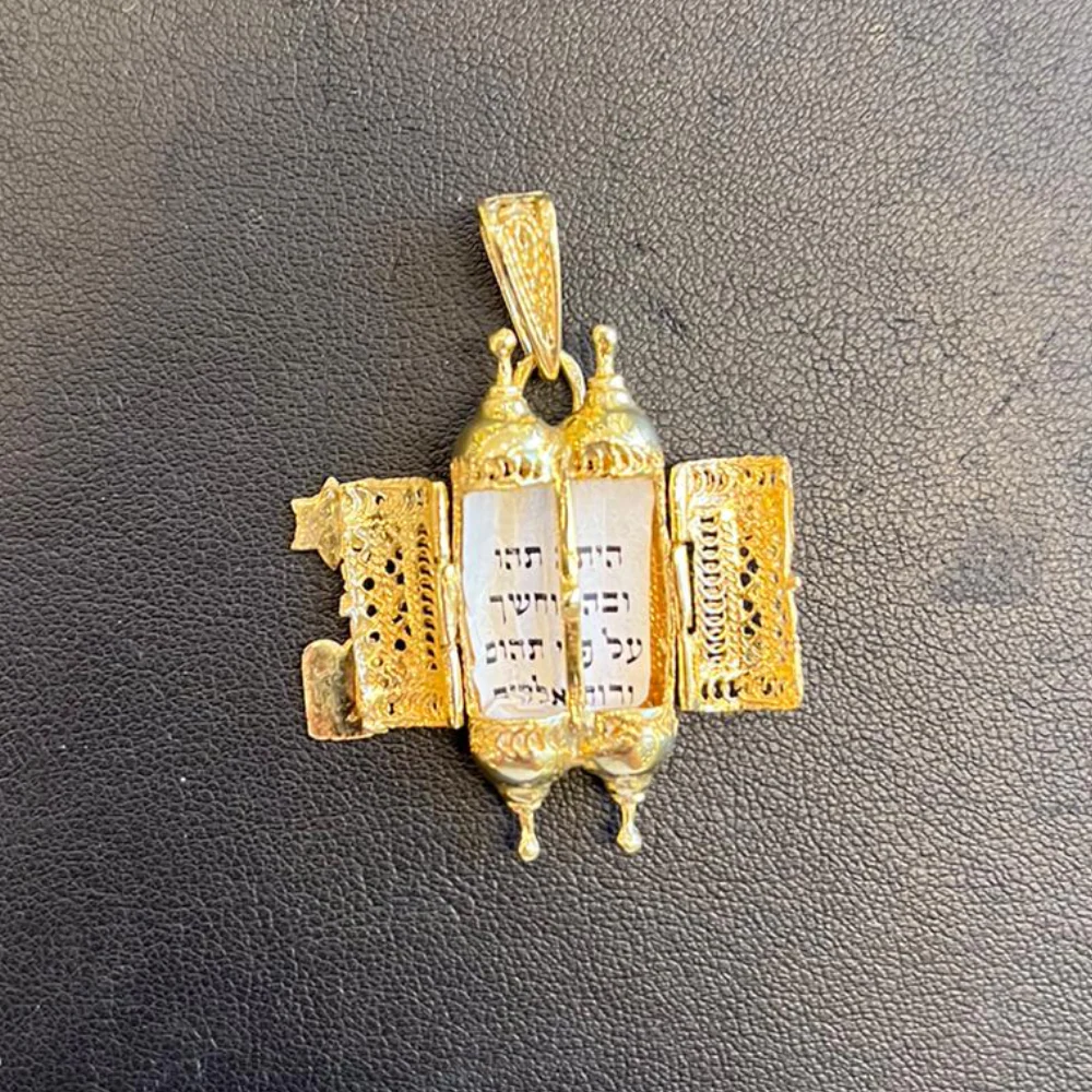 Turquoise 14k Gold Filigree Torah Pendant - Image 8