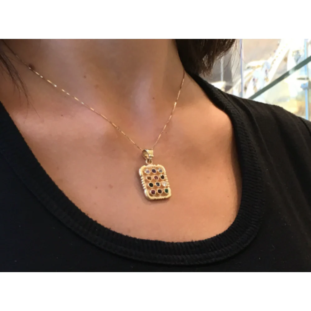 Beaded Bail 14K Yellow Gold and Precious Stones Large Hoshen Pendant - Image 2