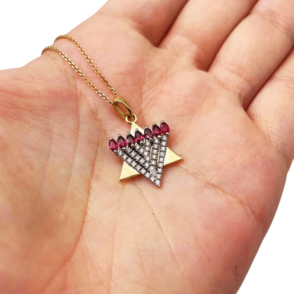 Menorah Pendant with Diamonds and Rubies in 14k Gold - Image 2