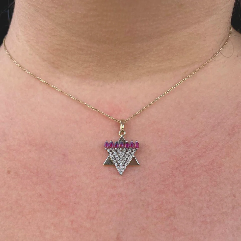 Menorah Pendant with Diamonds and Rubies in 14k Gold - Image 6