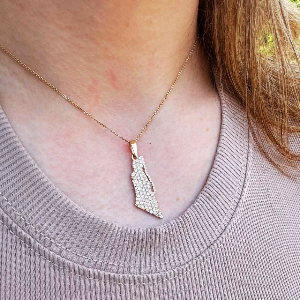 Diamond Studded Map of Israel Pendant with Am Israel Chai in 14K Gold - Image 3
