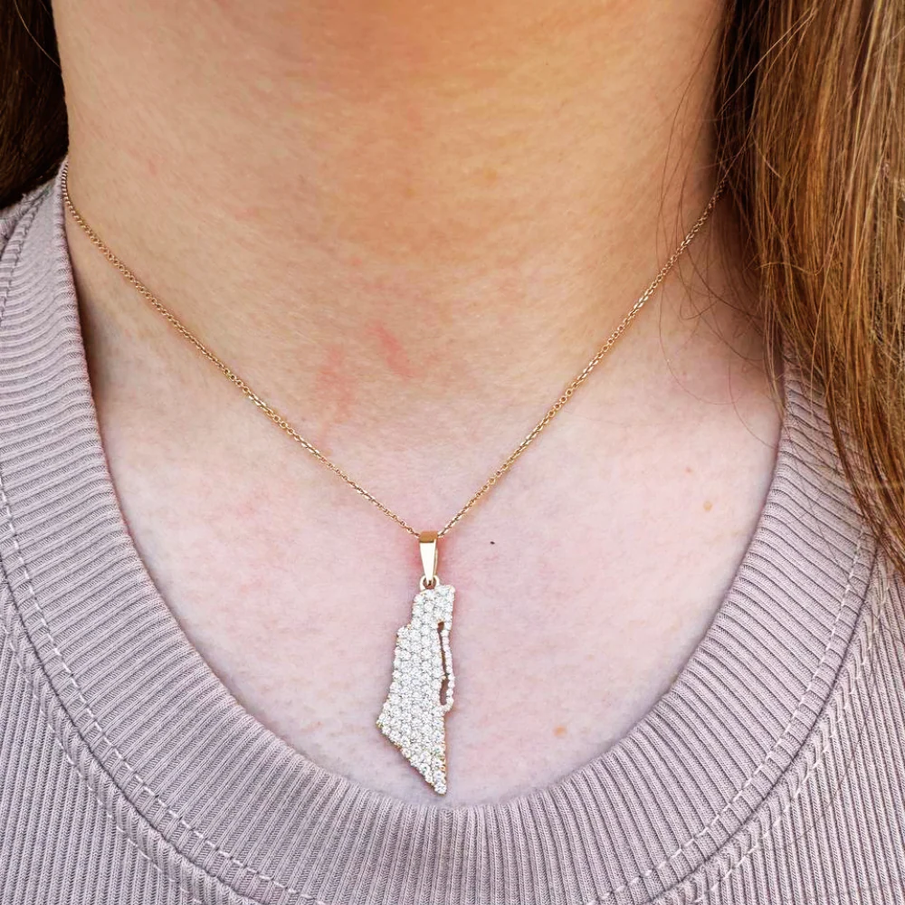 Diamond Studded Map of Israel Pendant with Am Israel Chai in 14K Gold - Image 4