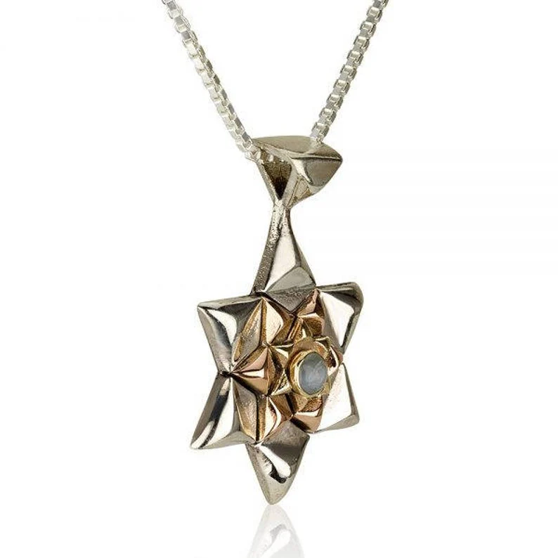 14K Gold and Silver Star of David with Chrysoberyl Kabbalah Pendant Chain Set - Image 2