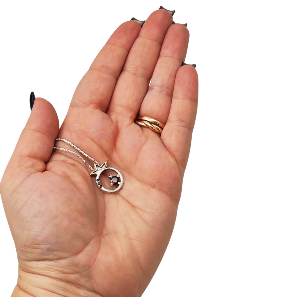 14K Gold and Silver Pomegranate with Garnet Kabbalah Pendant Set - Image 4