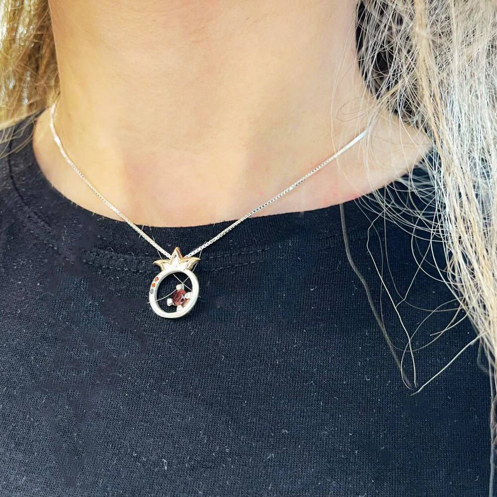 14K Gold and Silver Pomegranate with Garnet Kabbalah Pendant Set - Image 5