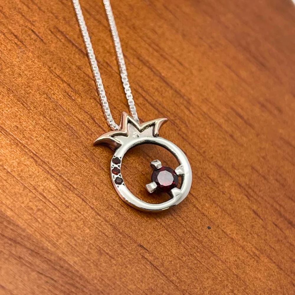 14K Gold and Silver Pomegranate with Garnet Kabbalah Pendant Set - Image 8