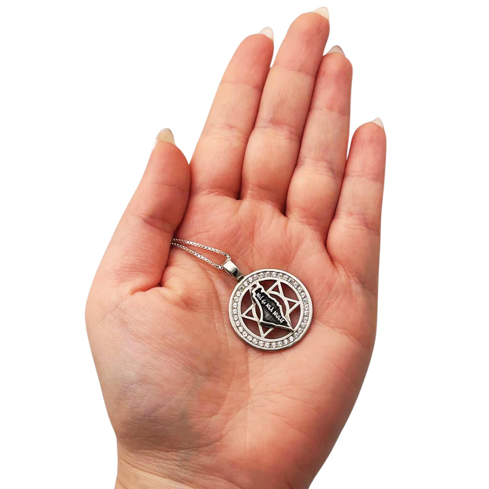 Am Israel Chai, Star of David and Israel Map Silver Kabbalah Necklace with Zircons - Image 2