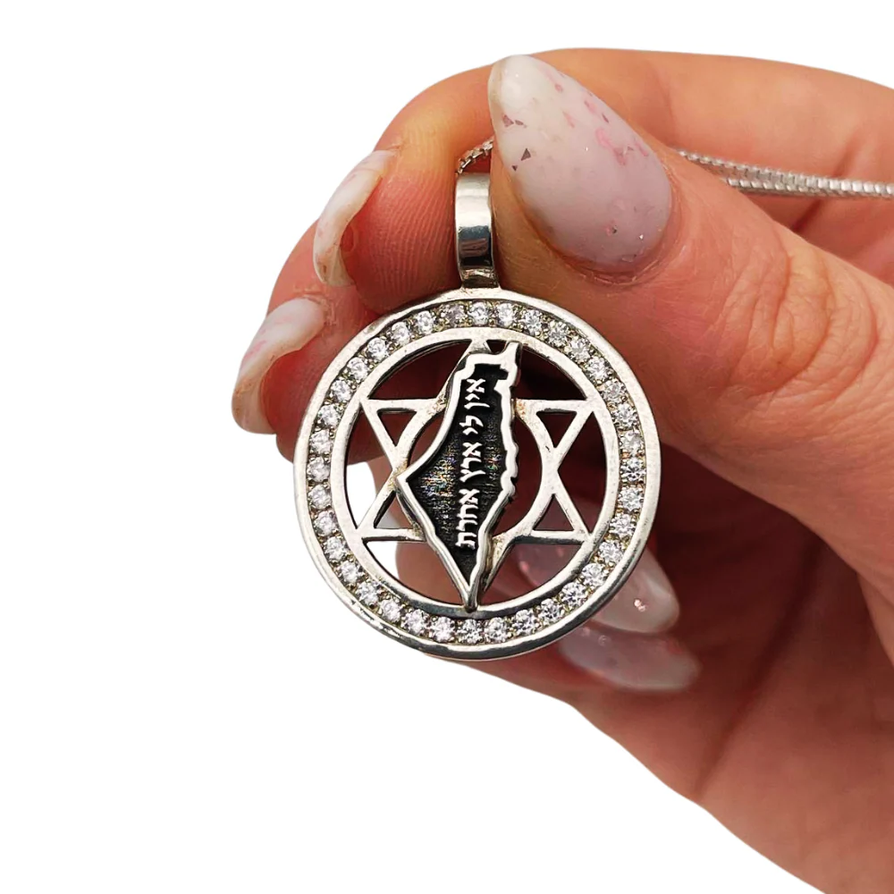 Am Israel Chai, Star of David and Israel Map Silver Kabbalah Necklace with Zircons - Image 3