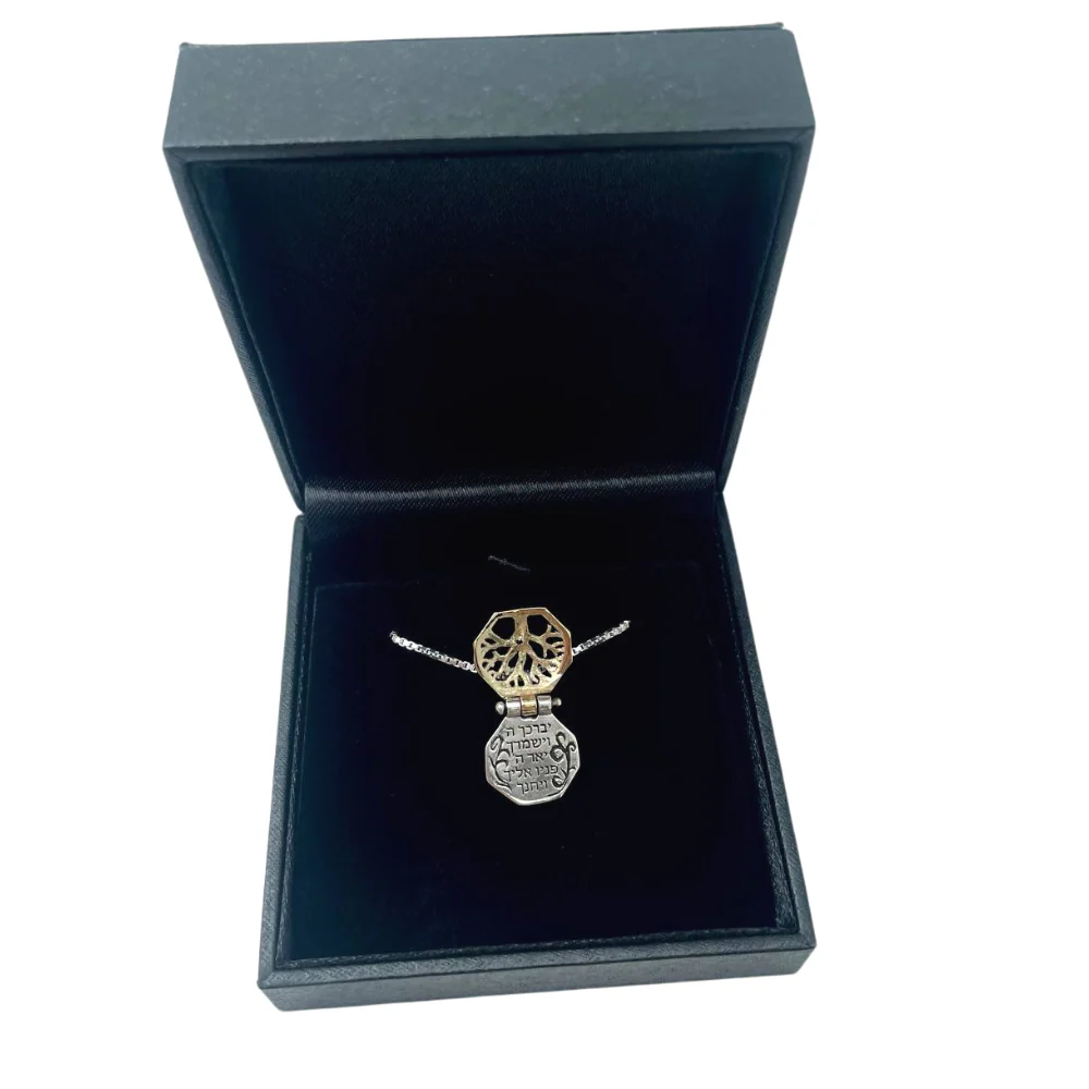 Tree of Life Priestly Blessing Kabbalah Pendant Set in 14K Gold 5 Metals with Emerald - Image 5