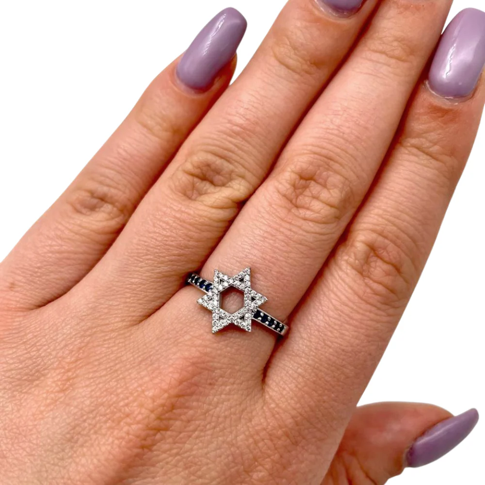 Star of David Ring with Diamonds and Sapphires in 14K White Gold - Image 2