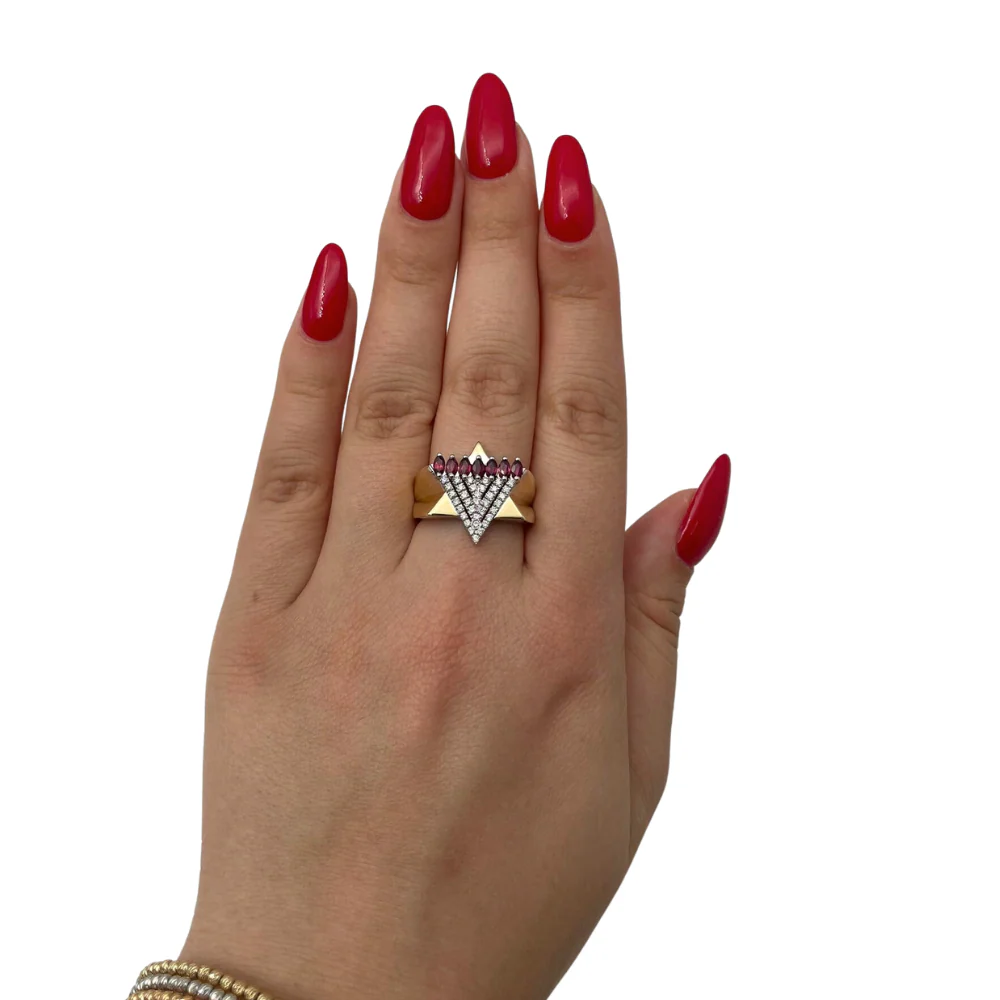 Menorah Star of David Ring - 14K Gold, Diamonds and Rubies - Image 3