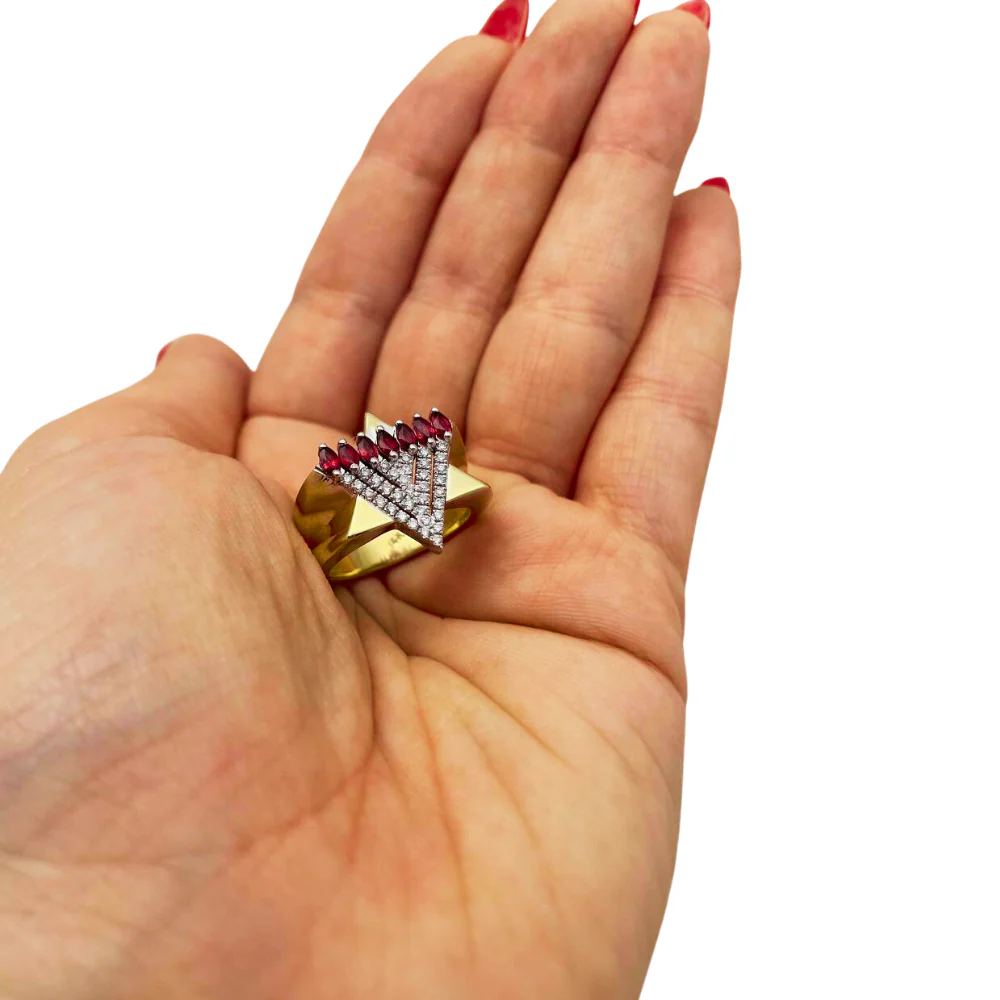 Menorah Star of David Ring - 14K Gold, Diamonds and Rubies - Image 6