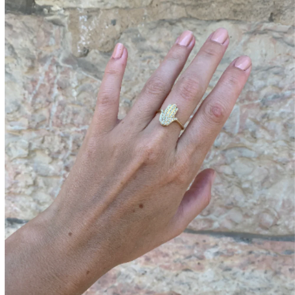 14K Gold Large Hamsa Ring Diamond Studded - Image 2