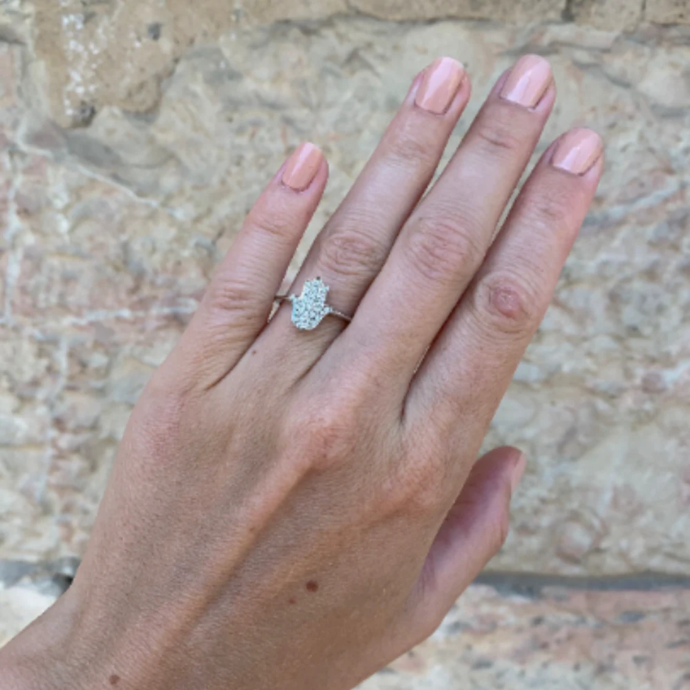 14k White Gold Small Diamond Hamsa Ring - Image 2