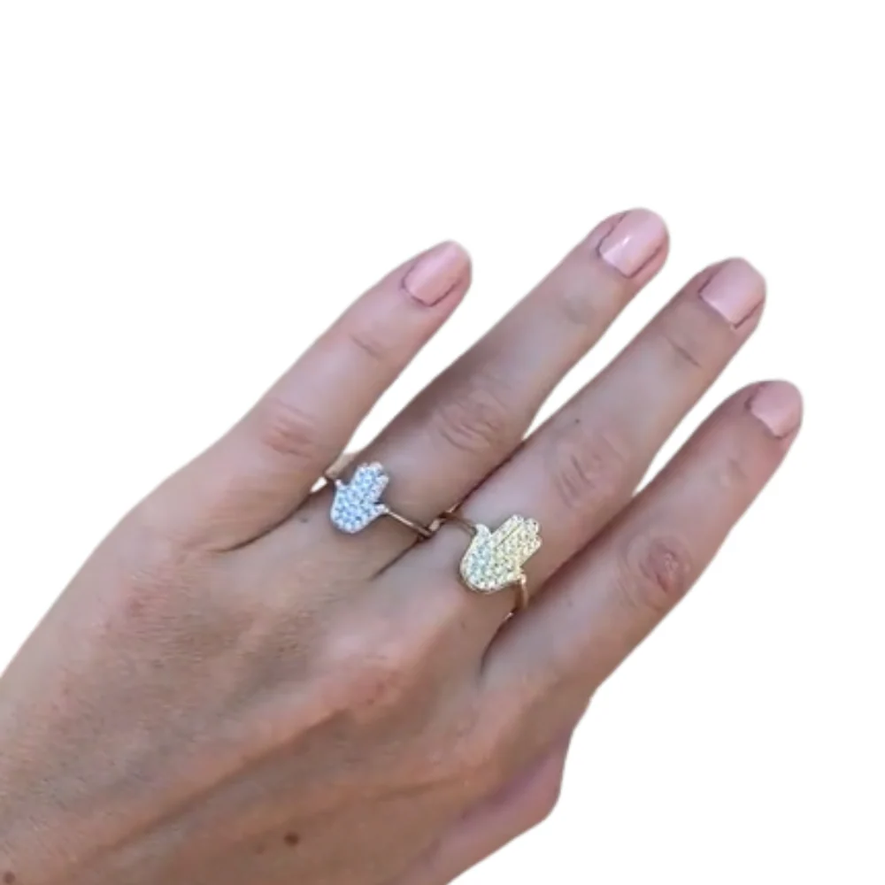 14k Gold Small Hamsa Ring Diamond Studded - Image 3
