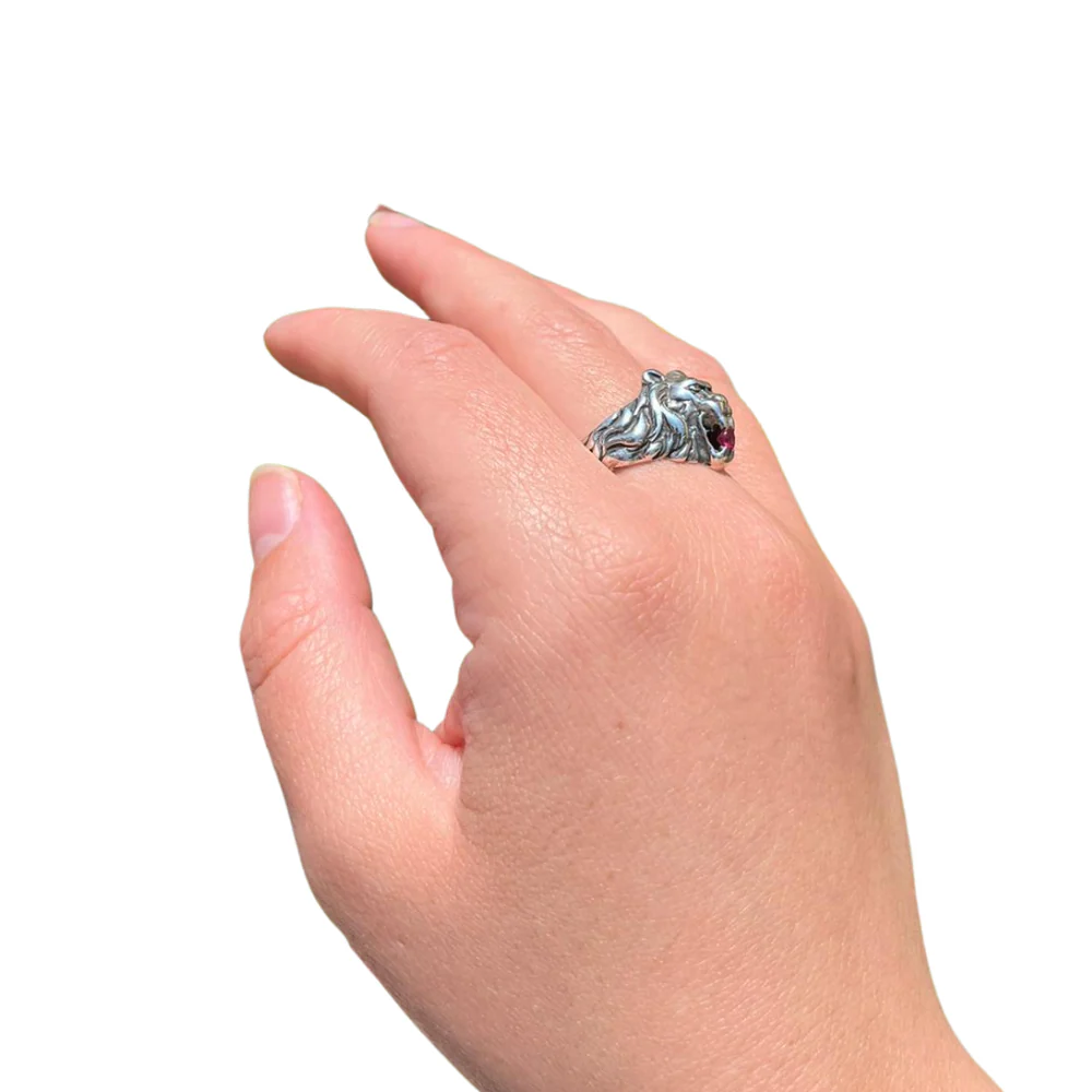 Oxidized Silver Lion of Judah Ruby Ring - Image 5
