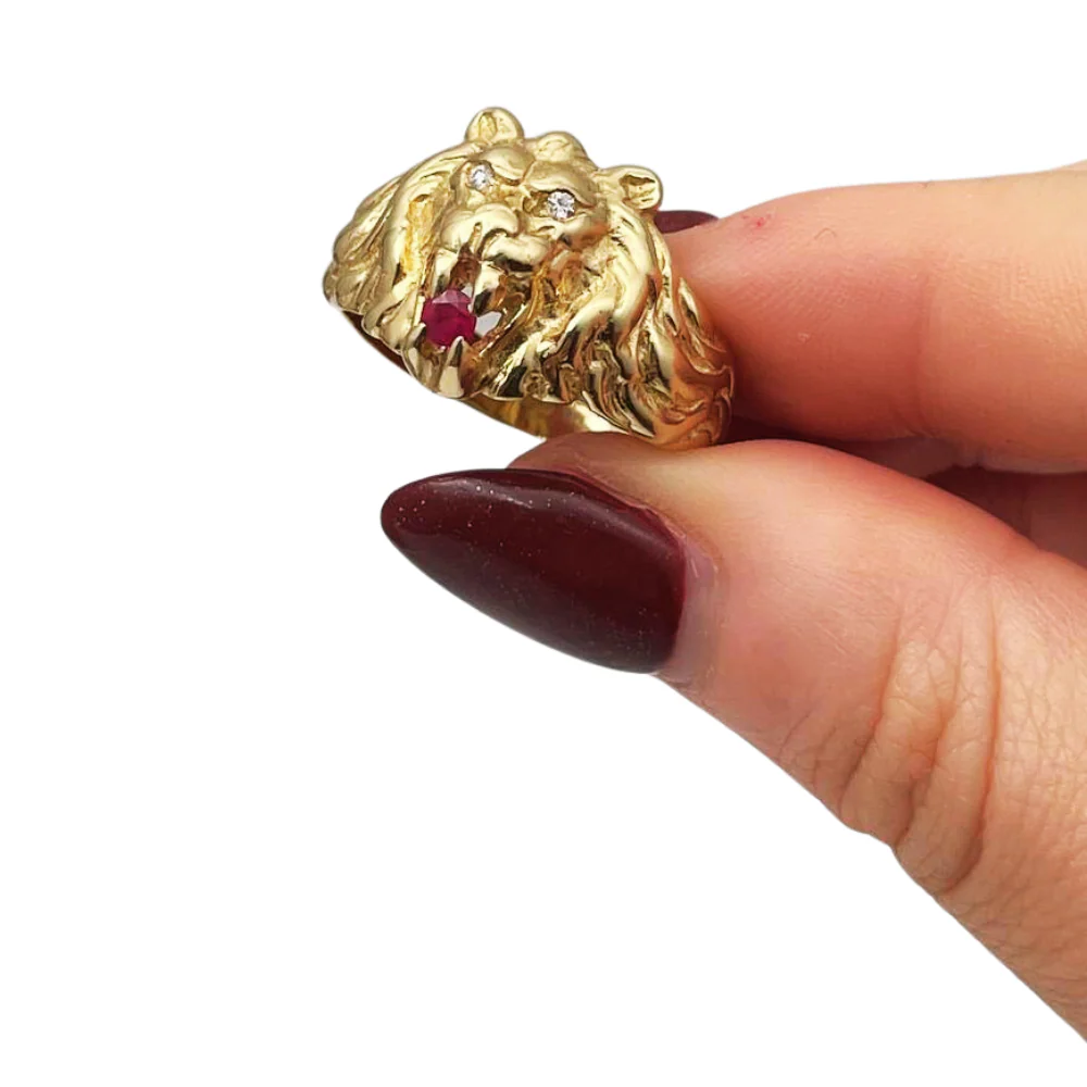 Diamond Lion of Judah Ruby Ring in 14k Yellow Gold - Image 2