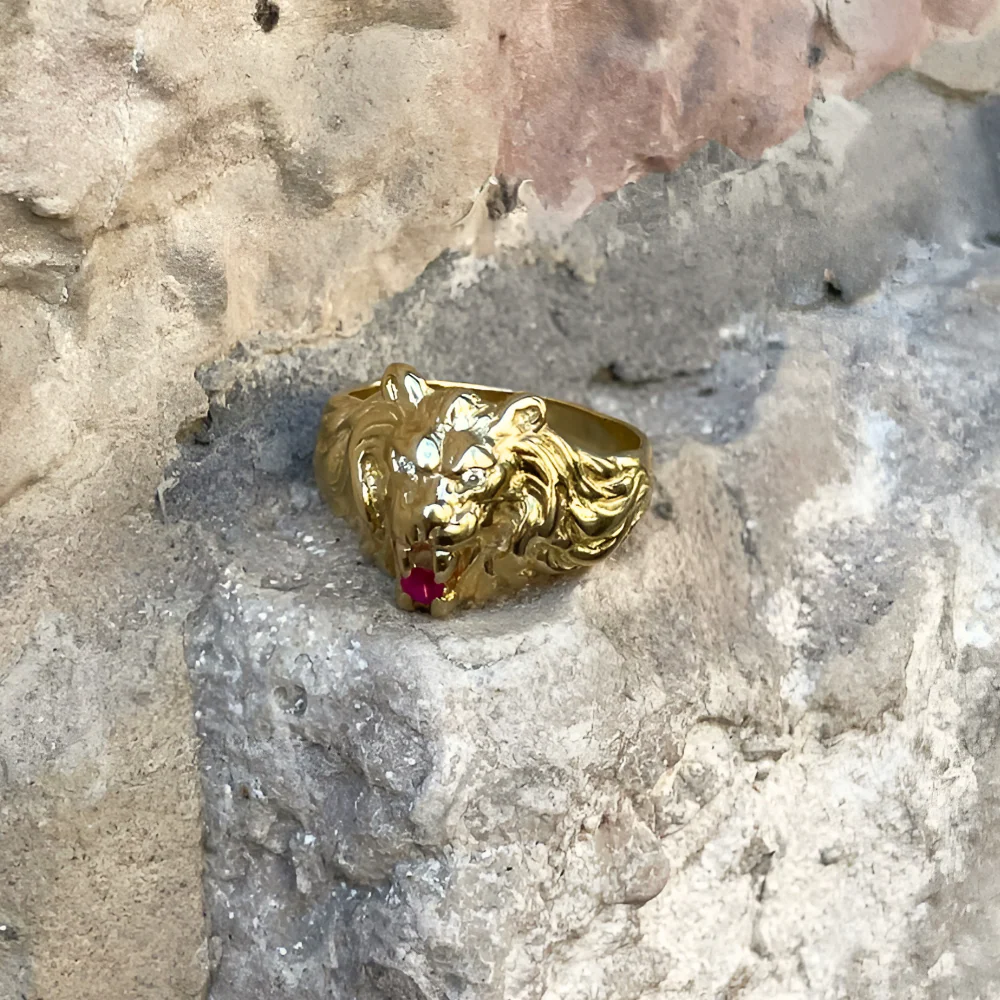 Diamond Lion of Judah Ruby Ring in 14k Yellow Gold - Image 7