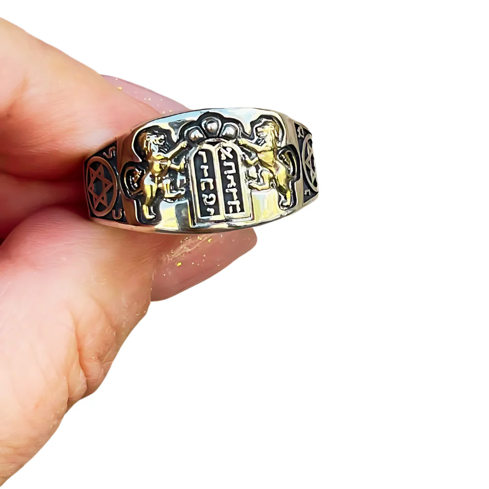 Lion of Judah Ten Commandments Star of David Jewish Ring in Silver and 14K Gold - Image 3