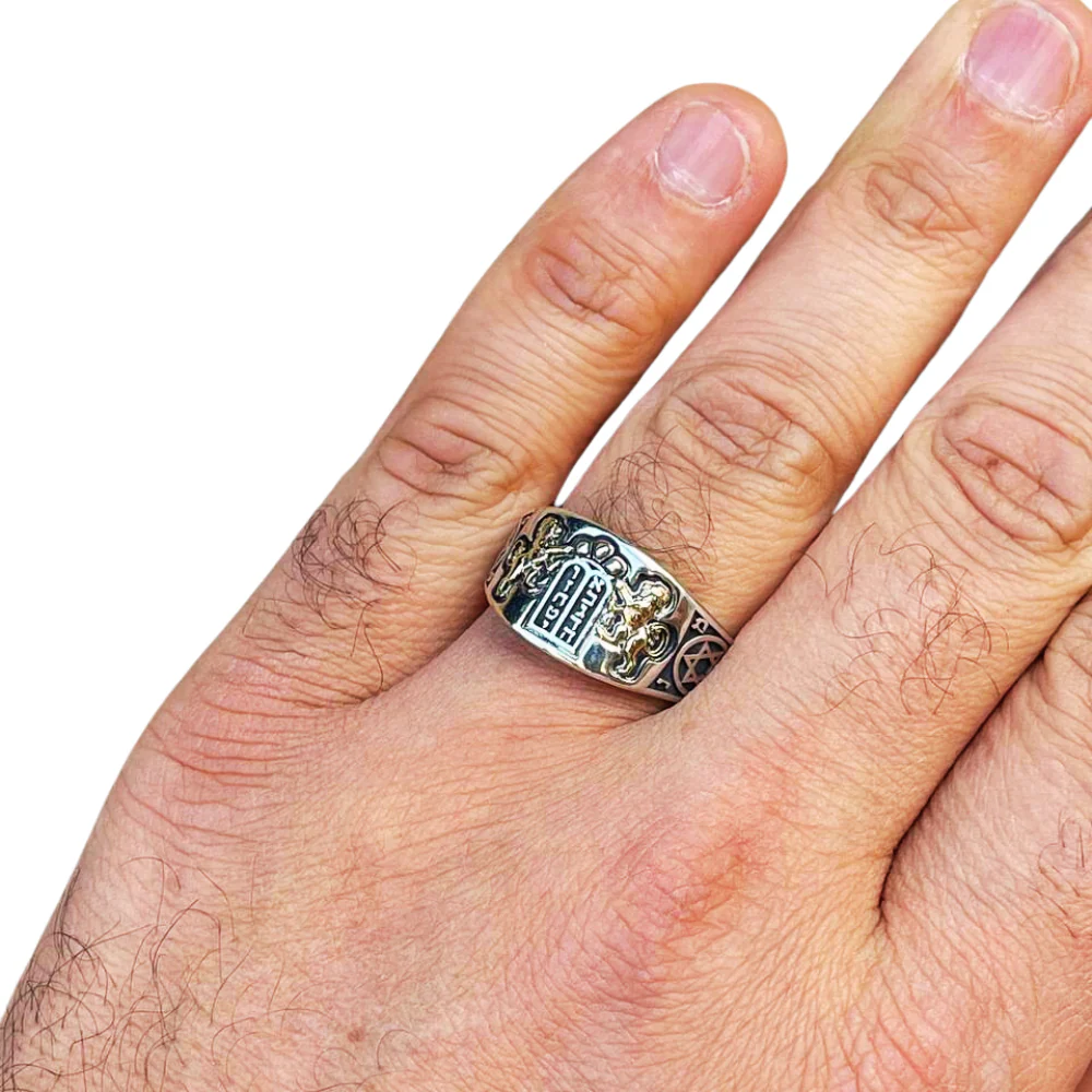 Lion of Judah Ten Commandments Star of David Jewish Ring in Silver and 14K Gold - Image 5