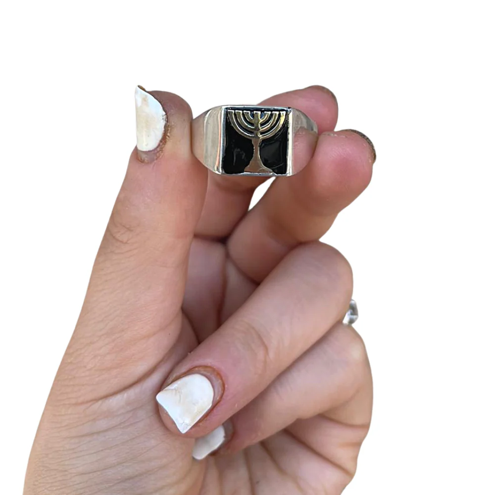Menorah Onyx Silver Gold Inlay Signet Ring - Image 2