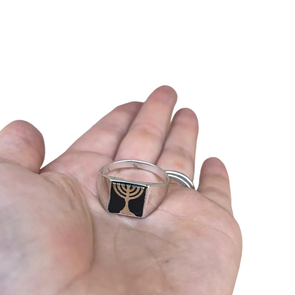 Menorah Onyx Silver Gold Inlay Signet Ring - Image 3